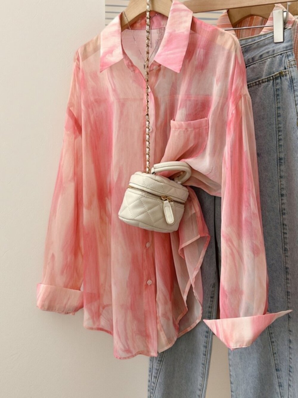 Pink Casual Women's Tie-Dye Lapel Collar Long Sleeve Shirt Lightweight Top